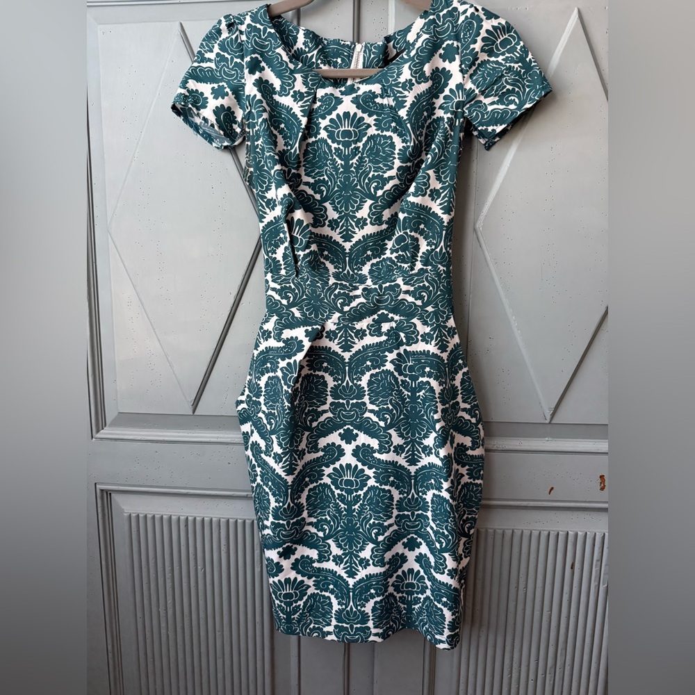 Nomi Teal and White Damask Mini Pleated Dress
